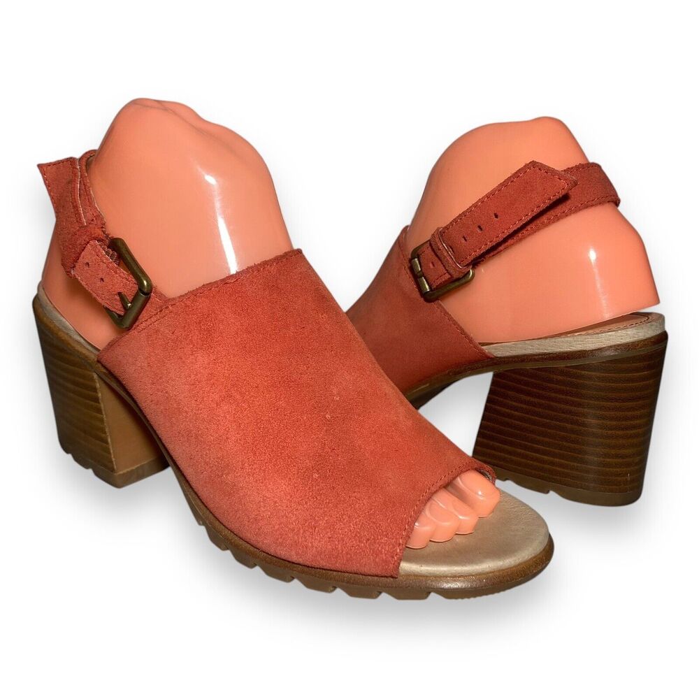 Sorel Women's Orange Suede Slingback Sandal Shoes Size 9.5 Chunky Heels Open Toe